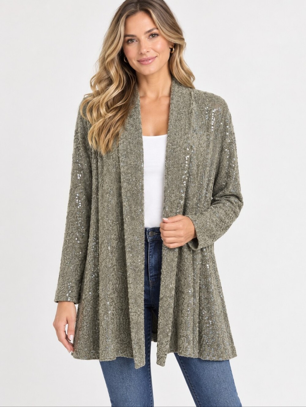 Ruby Rd. NWT Taupe Sequin Open-Front Women's Cardigan, Size 3X